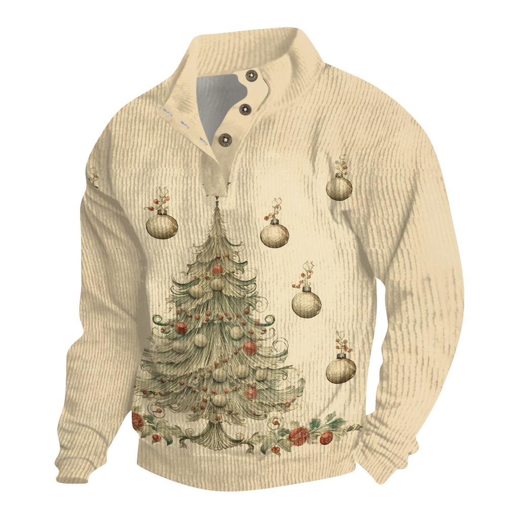 Мужская рождественская хлопковая рубашка-пуловер с длинным рукавом для активного отдыха, винтажная вельветовая рубашка с воротником-стойкой и пуговицами, повседневная толстовка с рождественским принтом