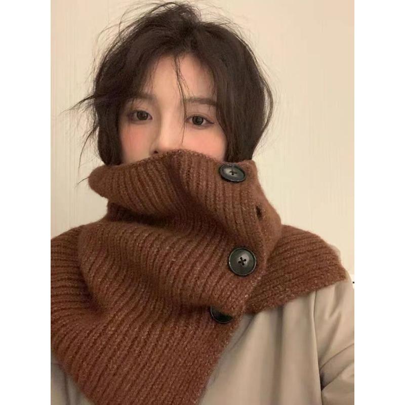 Twist Button Warm Winter Scarf for Women All Match Casual Neck Scarf for Cycling Cold Protection Neck Protection Warm Knitted Scarf Korea