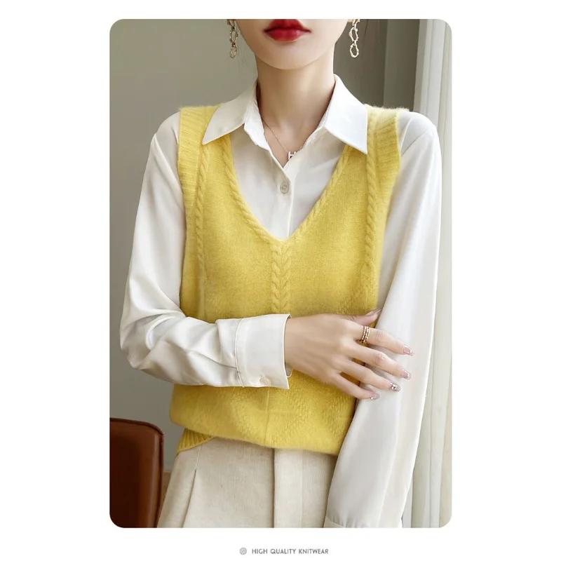 Женский новый сшивной пуловер V-образный вырез модный однотонный универсальный повседневный свободный безрукавный топ-жилет