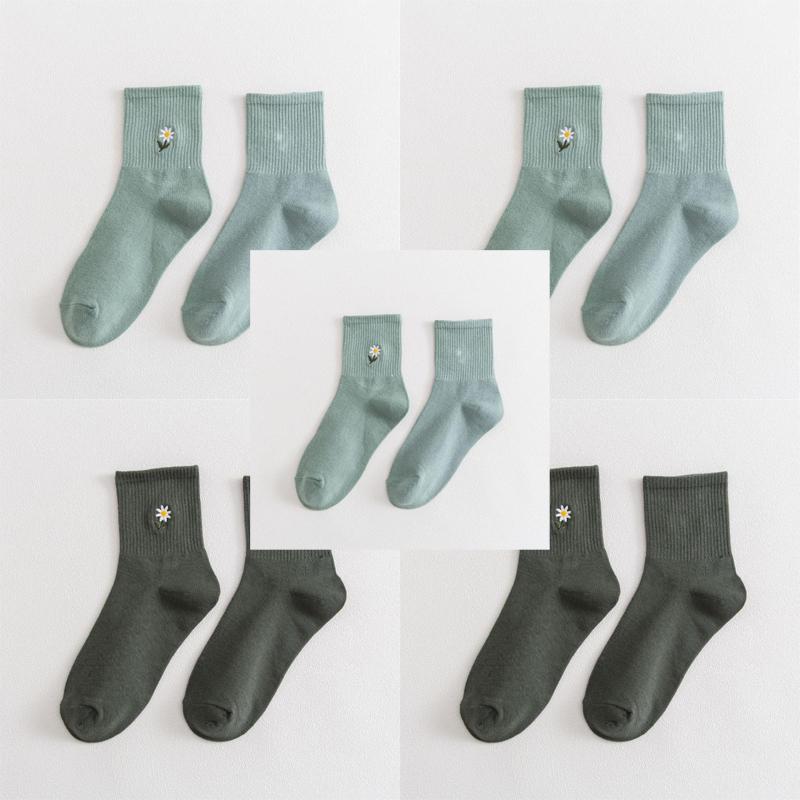 5 пар осенне-зимних женских вышитых носков средней длины из хлопка, однотонные модные удобные женские носки