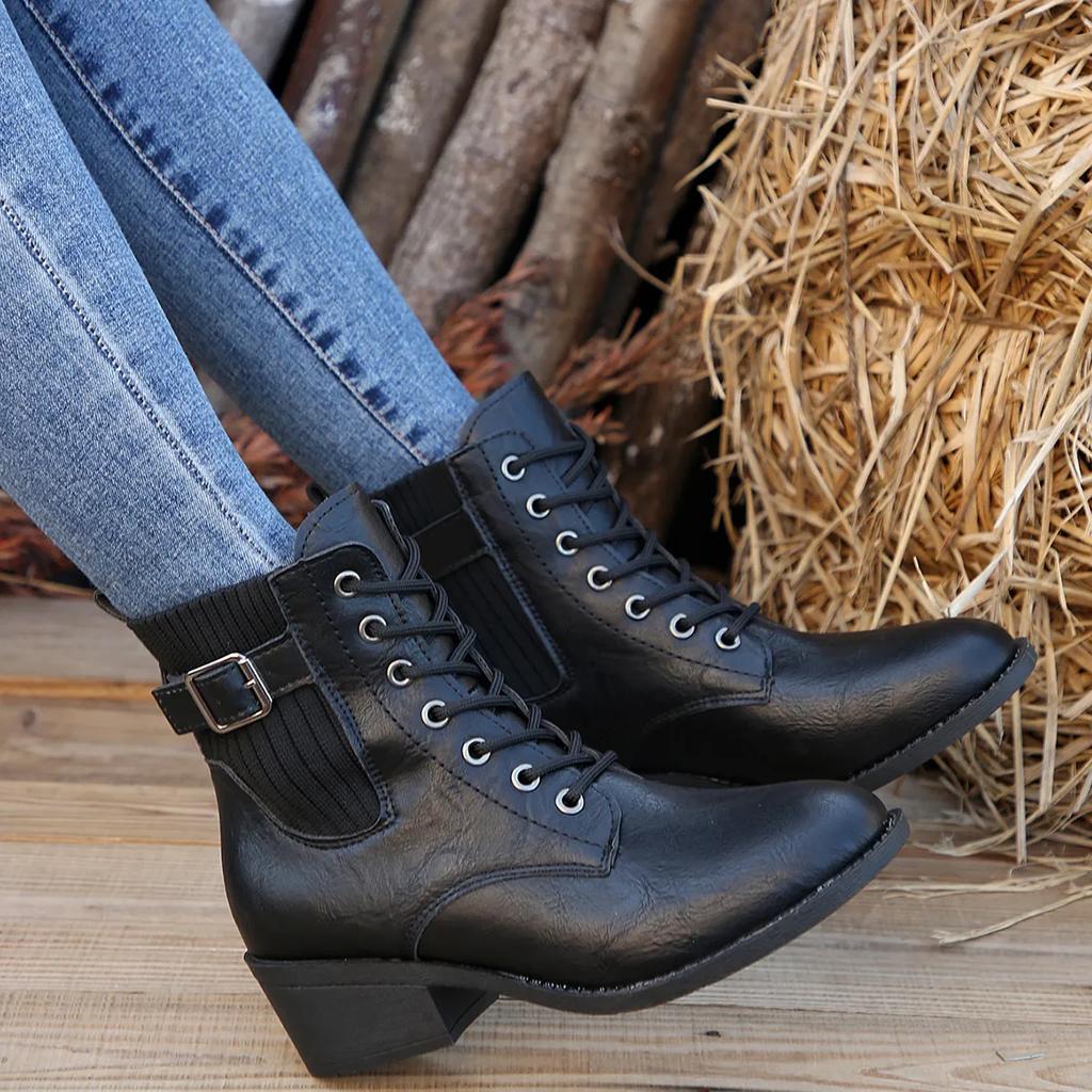 Зимние женские ботильоны с острым носком и толстым каблуком, модные ботинки в стиле вестерн больших размеров со шнуровкой для женщин, женская обувь на каблуке для активного отдыха