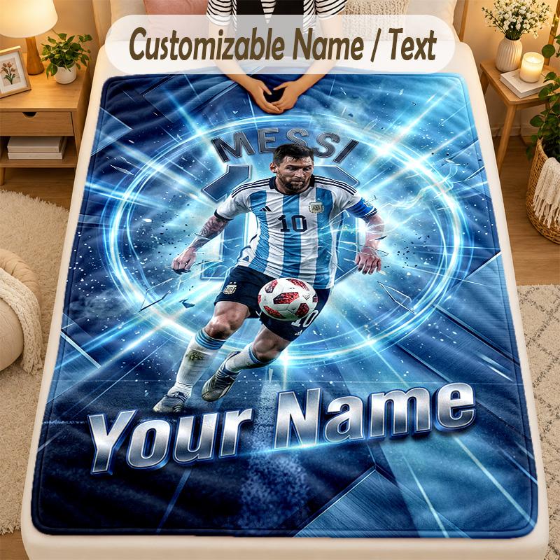 Flannel BlanketLionel Messi Custom Name Text Personalized Soft Warm Throw Blanket Home Decor Gift