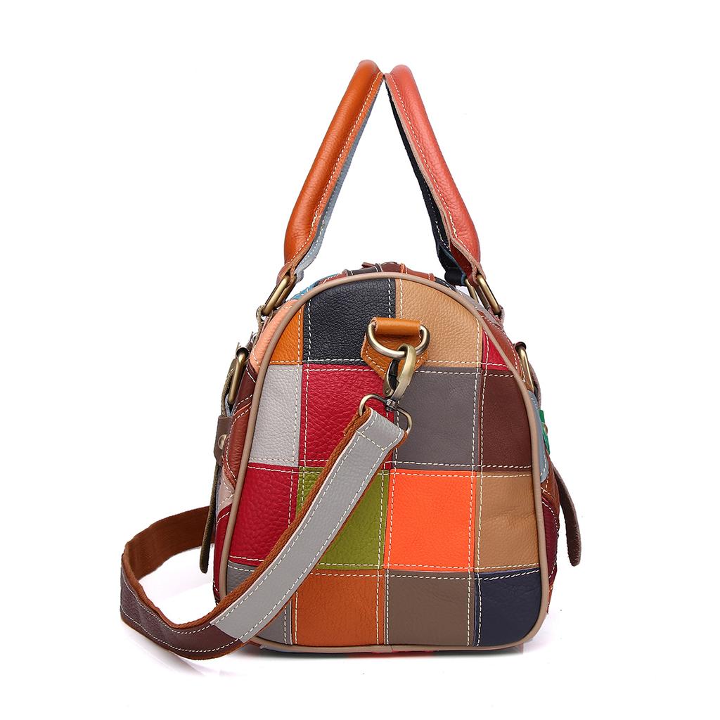 Patchwork Genuine Leather Bag for Women One Shoulder Checkered Pillow Bag Color Contrast Fashion Ladies