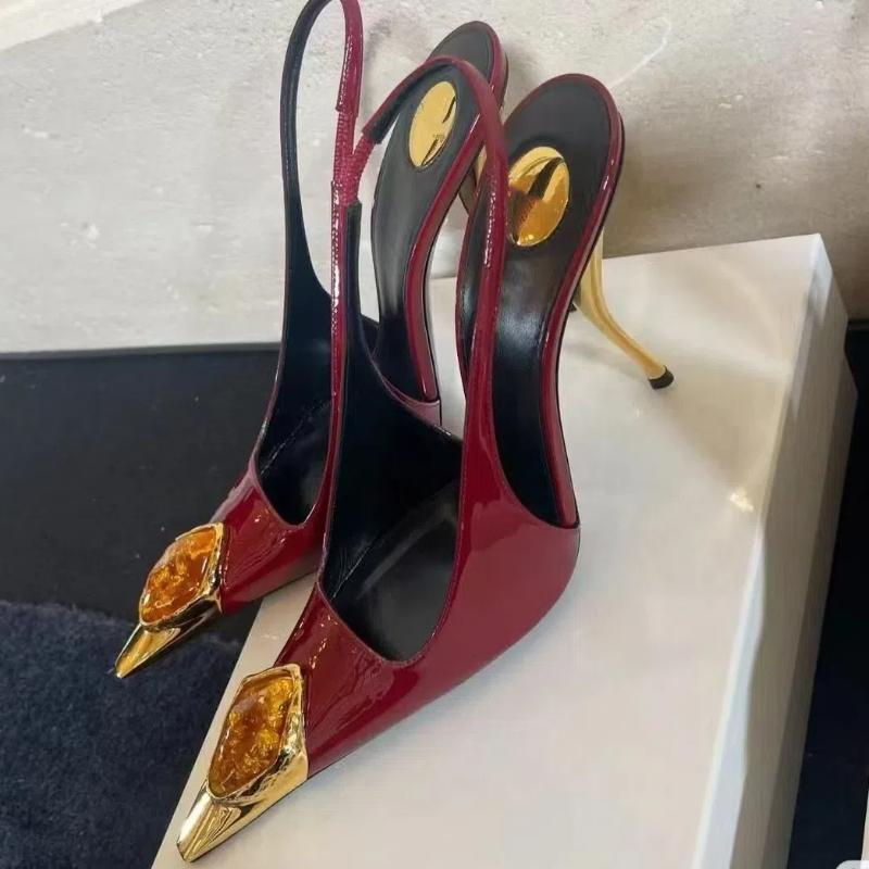 Spring And Summer Women's High Heels High-end Metal Square Head Patent Leather Stiletto Comfortable Back Sandals