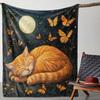 1pc Vintage Style Flannel Fleece Throw Blanket - Cat and Butterfly Moon Print, Soft and Cozy for Sofa, Bed, Office, Camping, Tra