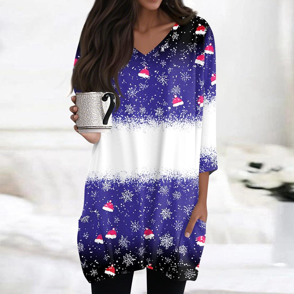 Womens Tops V-neck 3/4 Sleeve Blouses Casual Mid-length Shirts Fashion Christmas Print Tunic Tops With Pockets