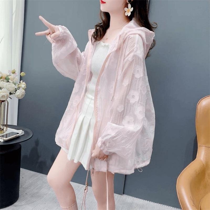 Women Casual Loose Thin Breathable Hooded Sunscreen Cardigan Shirt Outerwear