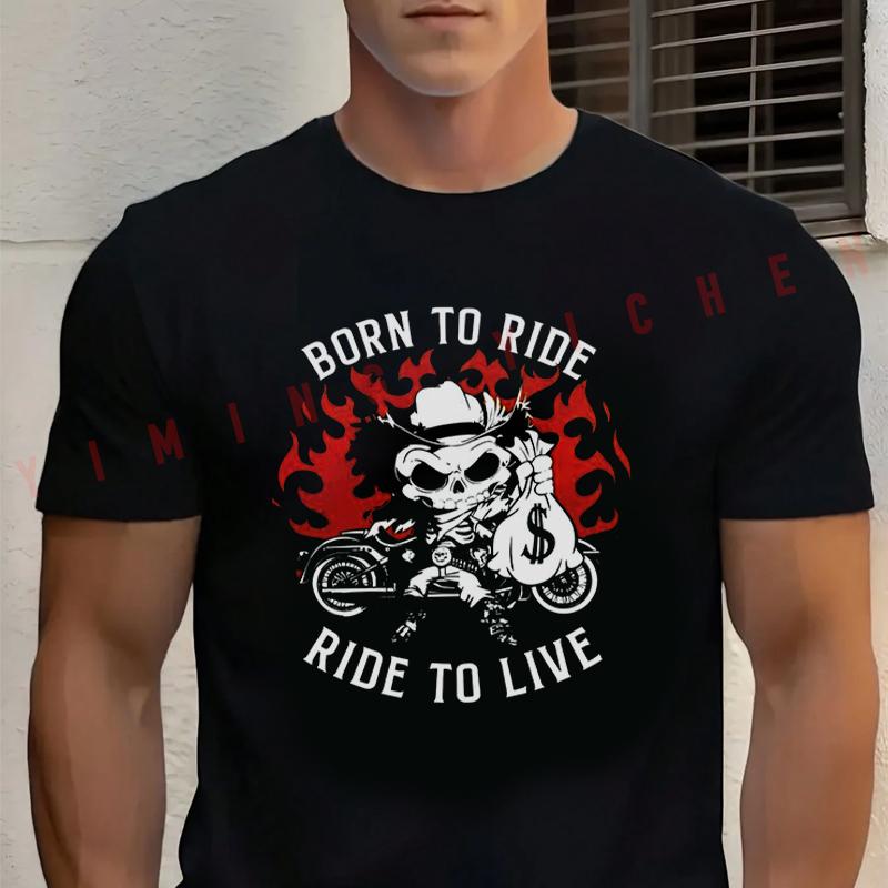 Biker Graphic Motorcycle Design With Skull & Biker Gang Print Tshirt Cotton O-neck Short Sleeve Fashion Hip Hop Streetwear Tee