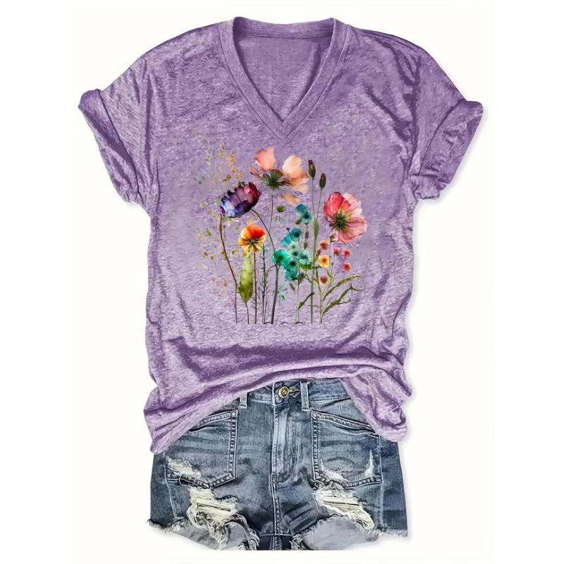 Women's T-Shirt Floral Pattern Printing Fashion Casual Oversized High-Quality Tee Shirt V-Neck Women's Clothing Summer