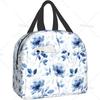 Blue Floral Insulated Lunch Bag Flower Leaf Reusable Lunch Box Cooler Thermal Waterproof Tote Bag for Travel School Work Picnic