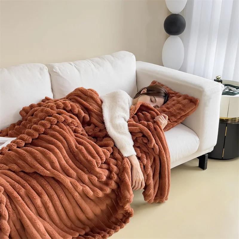 New Imitation Rabbit Plush Warm Blanket Set Or Only Blankets For Autumn Winter Soft Fluffy Warmth Lounger Sofa Throw Blankets