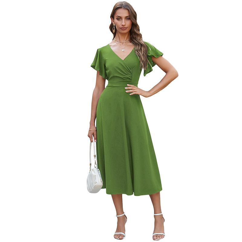 YYFS Женские модные летние весенние однотонные повседневные платья с v-образным вырезом и короткими рукавами и высокой талией