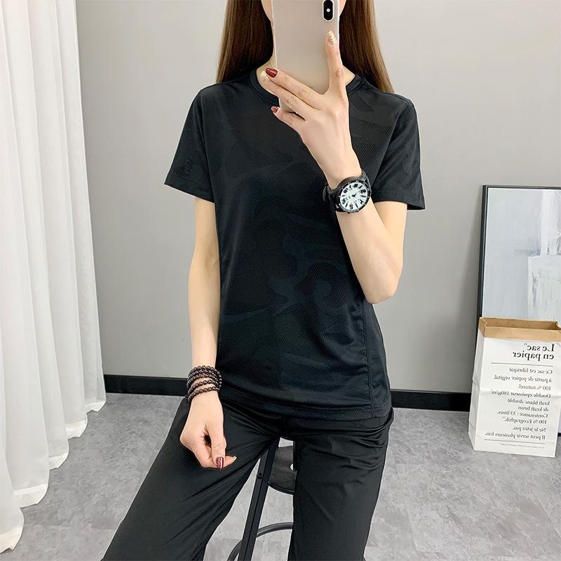 Женская летняя футболка Yoga Slim Solid Color Outdoor Sports из жаккарда Quick Dry с круглым вырезом