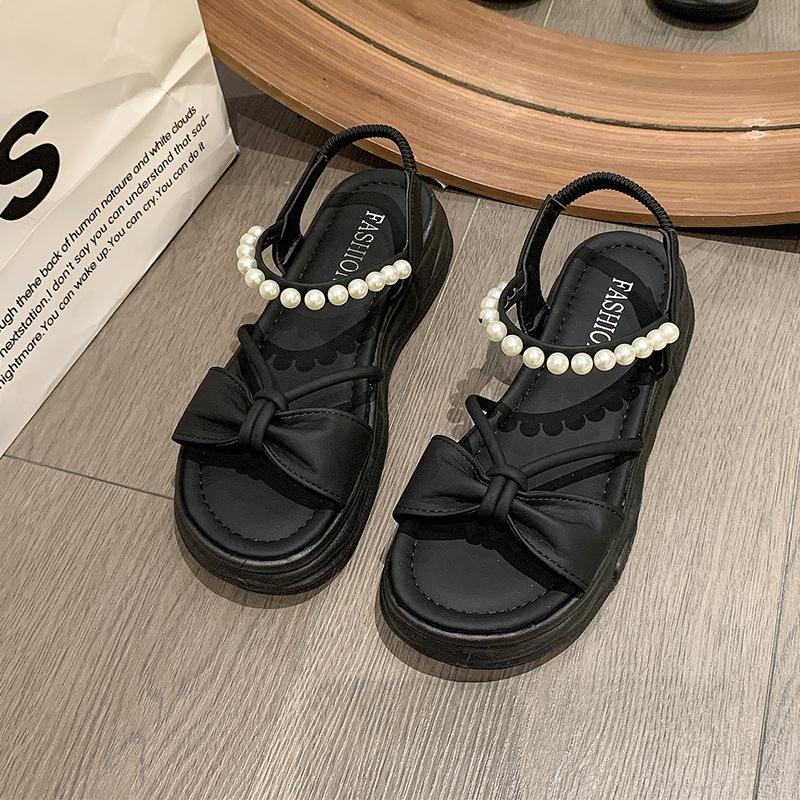 Sandals Female 2024 New Summer Bow Fairy Wind Platform Pearl Word with Fashion Open-toed Roman Women's Shoes