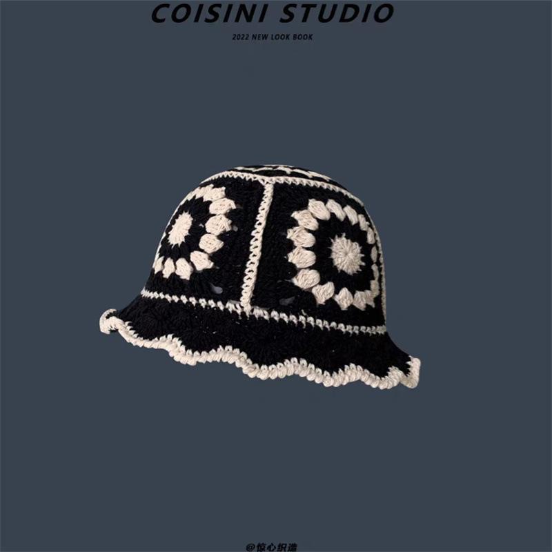 Ретро полая вязаная вручную шапка-горшок с цветком, женская осенне-зимняя, милая, универсальная, шерстяная шапка, демонстрирующая небольшой тренд