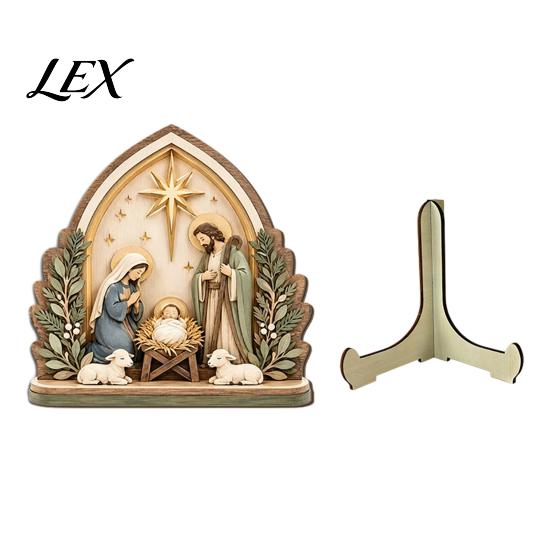 Holiday Home Tabletop Accents Nativity Scene Wooden Sign, Christmas Manger Holy Family Figurine Decor, Traditional Table Centerpiece Religious