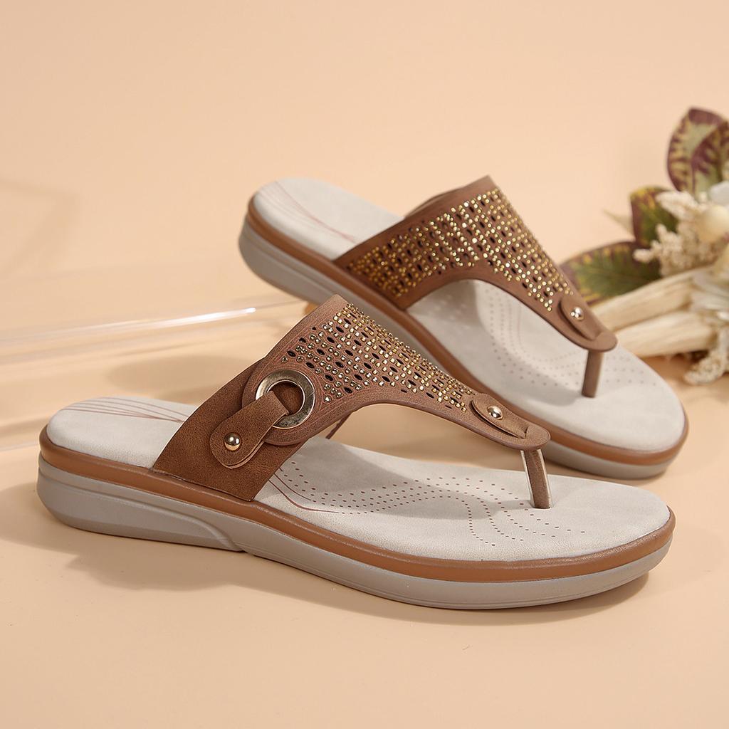 2025 Summer New Foreign Trade Clip Slippers Women's Shoes Plus Size Thick Sole Bright Diamond Decoration Casual Clip Slippers