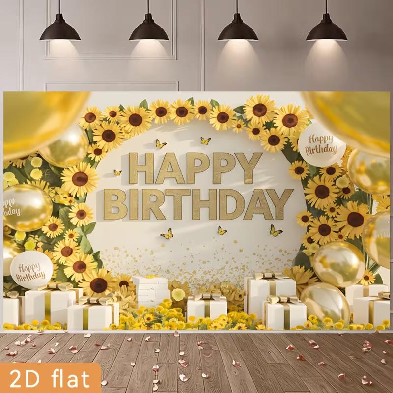 2D Flat Printing Party Backdrop Bright Yellow Sunflower Birthday Scene