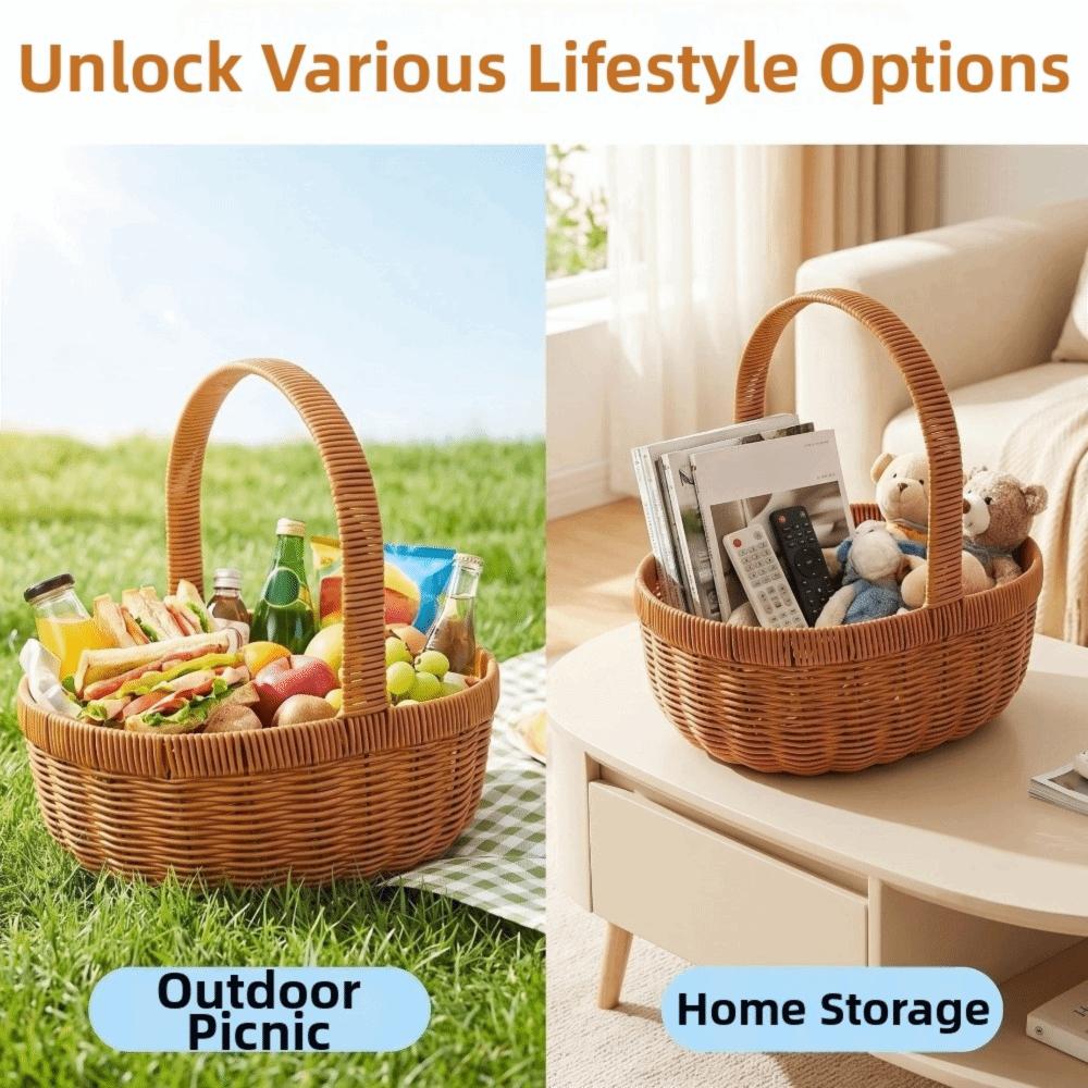 with Handle Imitation Rattan Basket Large Capacity Picnic Basket Handmade Basket Grocery Shopping