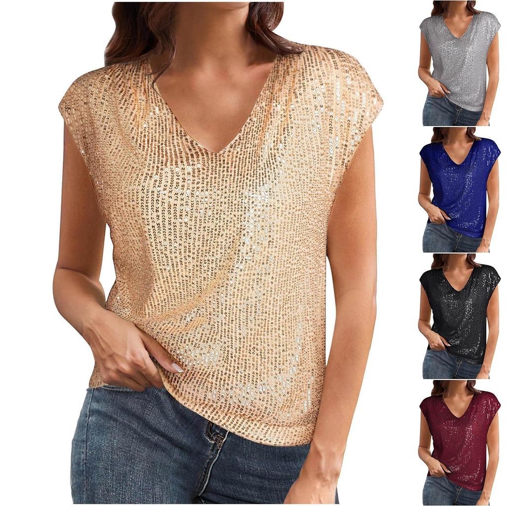 Short Sleeve Sequin Tops For Women V-Neck Sparkly Tank Tops Dressy Glitter Top Blouses