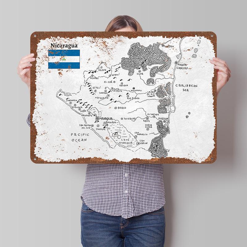Handdrawn Nicaragua Map Tinplate Poster Customized Wall Art Vintage Metal Signs Retro Tin Plaque for Room Ornaments Coffee Bar