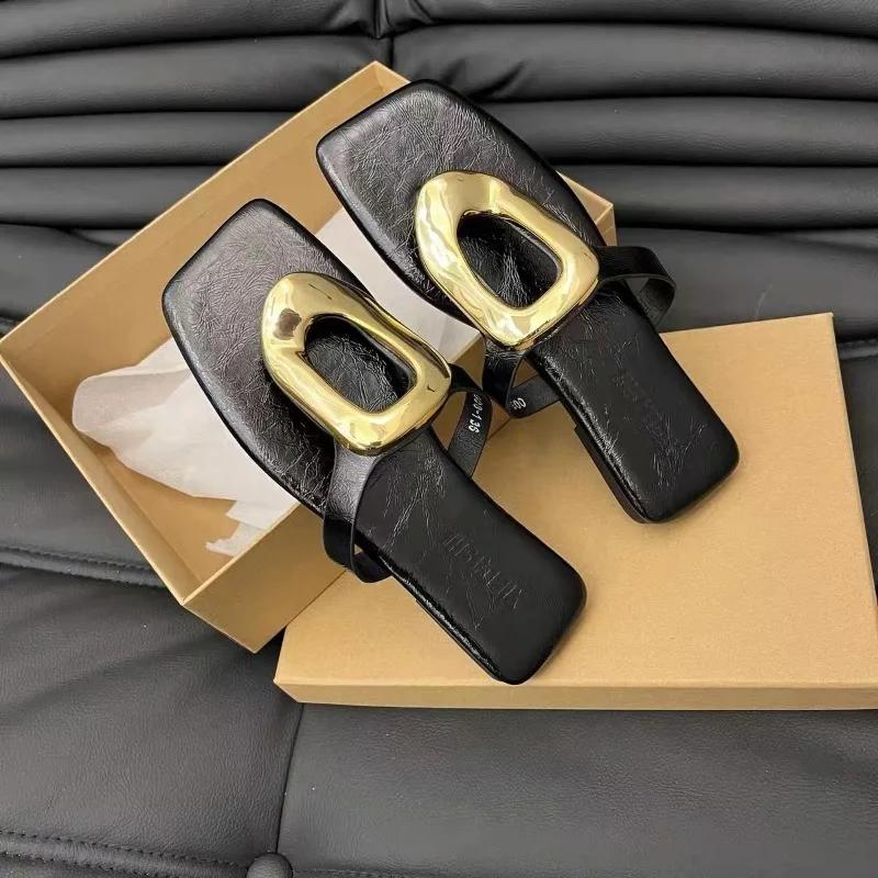 Fashion Ladies Shoes New Square Toe Women's Slippers Summer Metal Decoration Pinch Toe Solid Outdoor Casual Flat Comfortable Slippers