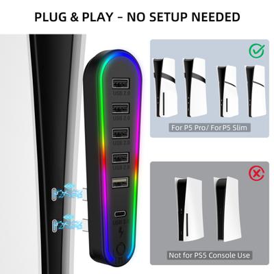 6-портовый USB-концентратор с RGB-подсветкой, подключение и использование без установки драйверов, удобная передача данных, пользовательский интерфейс. USB-концентратор расширения для PS 5 Pro/PS5 Slim.