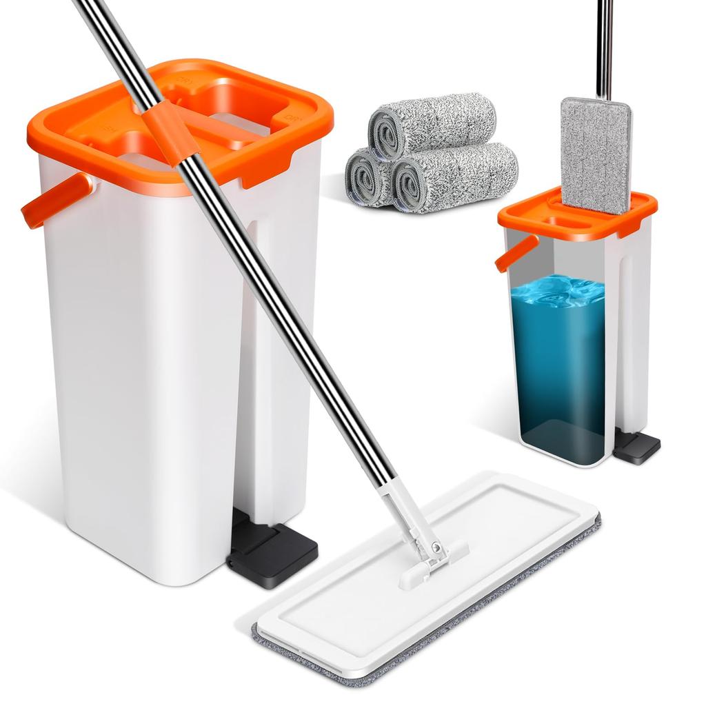 ZNM Floor Mop with Mop Rotating Floor Floor Includes 3 Replacement Cleaning Tool Bucket, 360° Wiper, Wet/Dry Use, Hands-Free Cleaning, Pads,