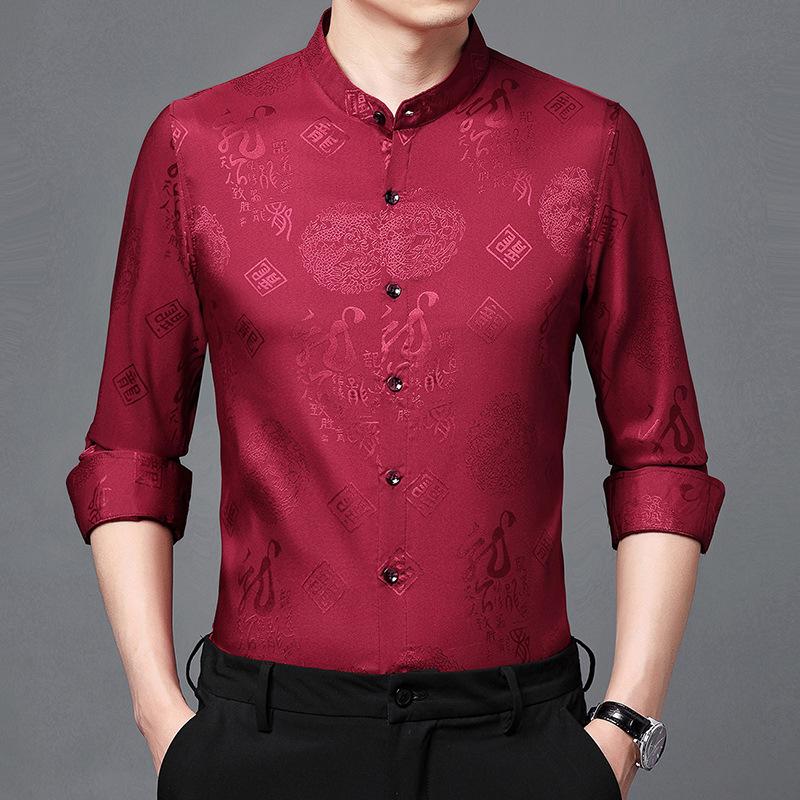 Мужская рубашка с длинным рукавом, новый стиль, повседневная, с тонким воротником-стойкой, для молодежи и людей среднего возраста, рубашка в китайском стиле, костюм Тан