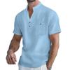 Men's Cotton and Linen Short Sleeved Stand Up Collar Half Buttoned Shirt - Spring and Summer Casual Outdoor Wear