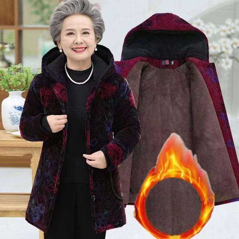 Women's Winter Mid-length Plus Velvet Thick Padded Jacket, Middle-aged and Elderly Padded Jacket, Winter Clothes, Women's Padded Jacket
