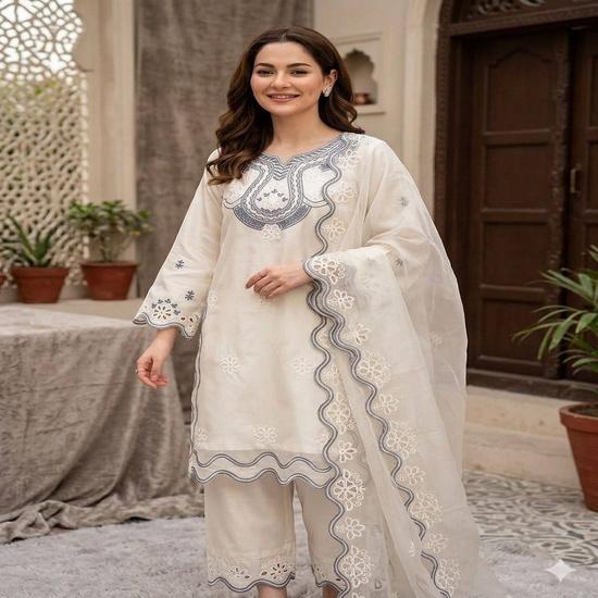 The Zoya Scalloped Organza & Cotton Palazzo Suit Set