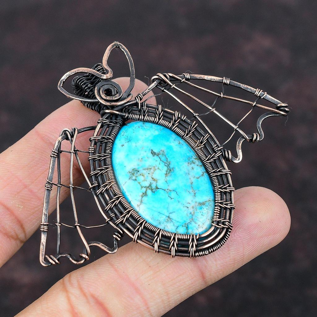 Тибетская бирюза, медная подвеска, подвеска из драгоценного камня, обернутая медной проволокой, подвеска-бабочка, антикварные медные украшения, подарок для него, подвеска ручной работы