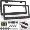 Carbon Fiber License Plate Frames- Black Plastic Car Tag Holder, 2 Pack 2 Hole Front Rear Bracket With Screw Caps And Car Door Handle Stickers