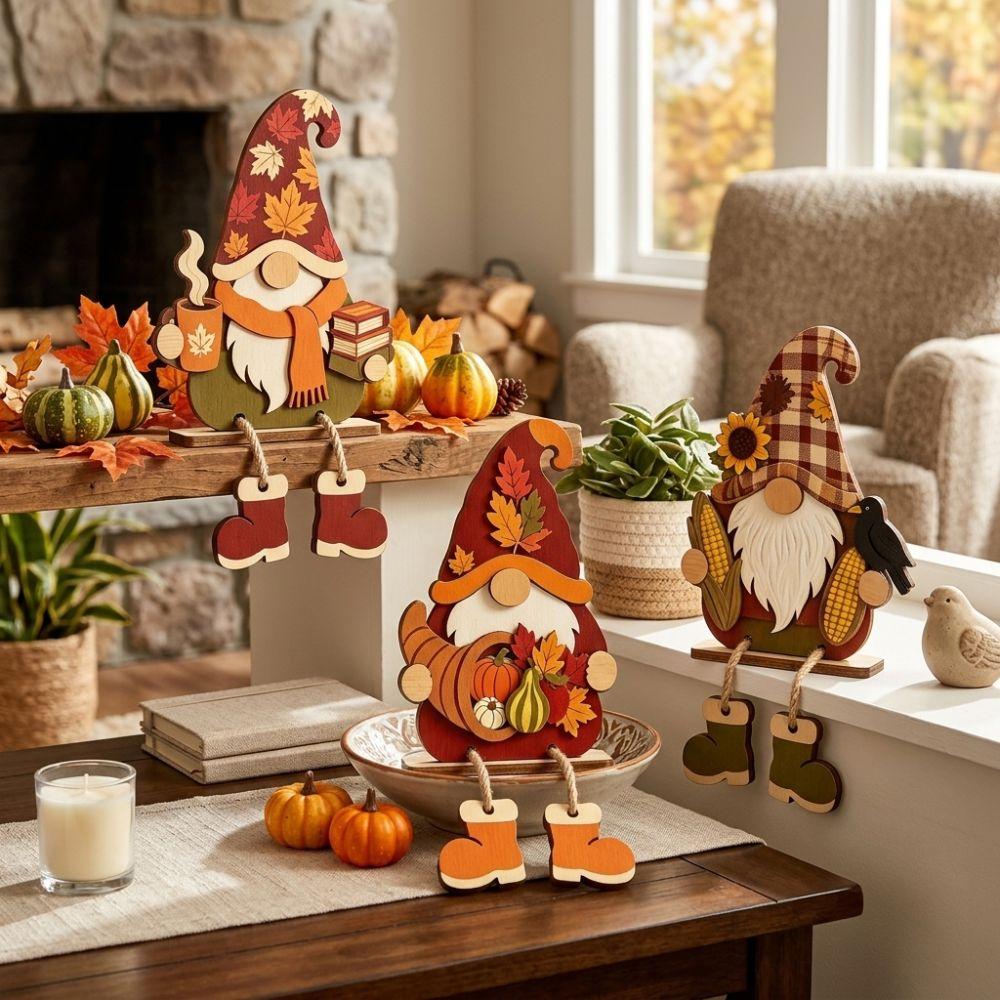 3Pcs 2D Flat Wooden Halloween Dwarf Ornament Autumn Standing Table Sign Harvest Season