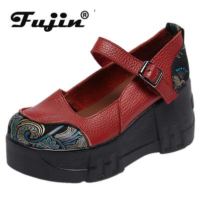 Fujin, женская обувь на танкетке на плоской подошве с круглым носком, 7 см, весенняя женская обувь на крючках, натуральная кожа в этническом стиле, свиная кожа, женская обувь Мэри Джейн, осень-лето