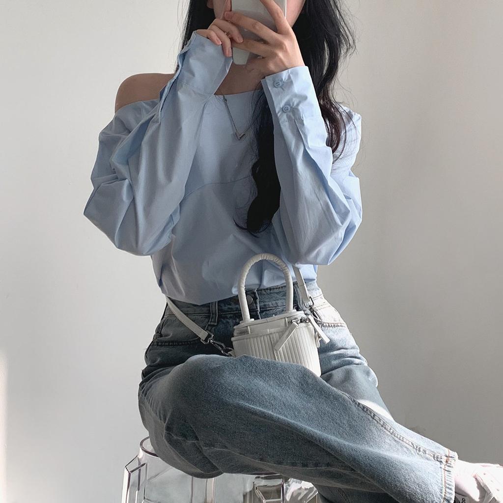 Рубашка с открытыми плечами, женская сексуальная однотонная тонкая рубашка на одно плечо, летняя рубашка с длинными рукавами, дизайнерский топ