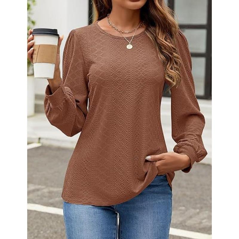 Женские модные повседневные весенне-осенние однотонные блузки и рубашки с круглым вырезом с длинными рукавами и принтом