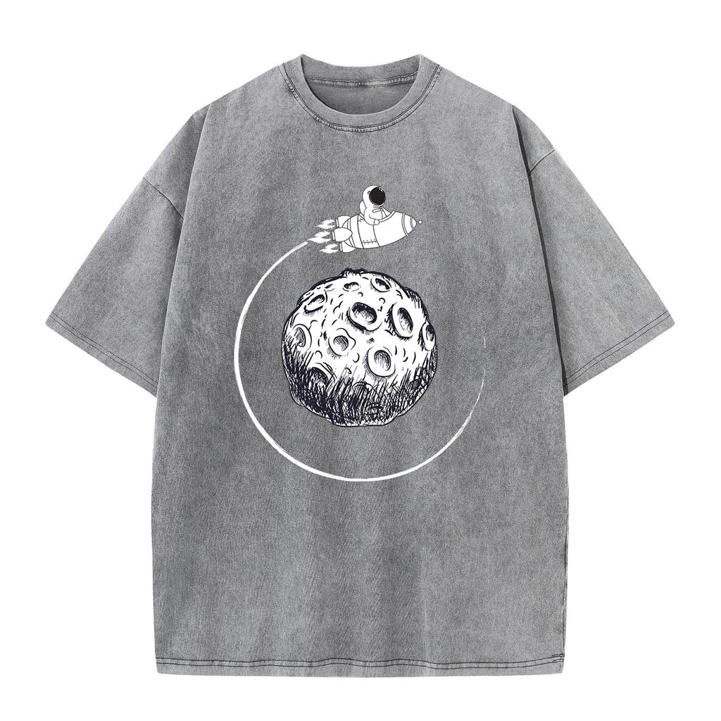 Spaceship Astronaut Printing Female Washed Short T Shirts Hip Hop Breathable T-Shirt Street Summer Clothes Fashion Distress Tops