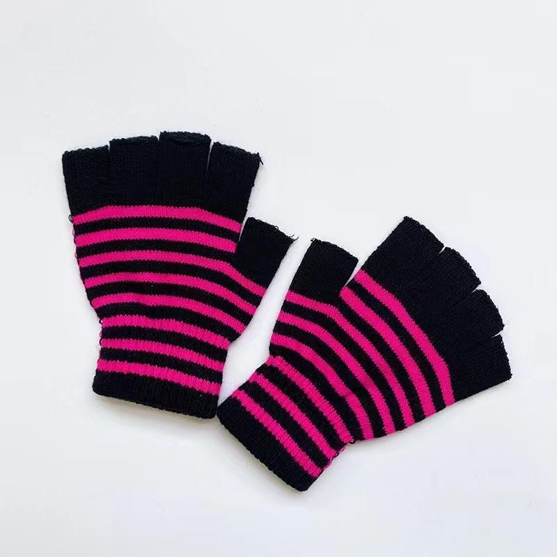 1Pair Unisex Black Stripes Half Finger Fingerless Gloves for Women Wool Knit Wrist Cotton Gloves Winter Warm Men Workout Gloves