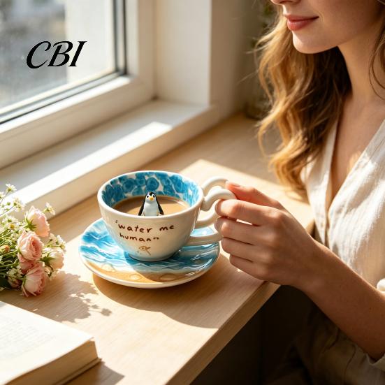 Handcrafted Pottery Mug for Home Cute Ceramic with 3D Seal/Penguin Figurine Inside, Blue Ocean Unique Animal Gift Seal Lovers Themed Coffee