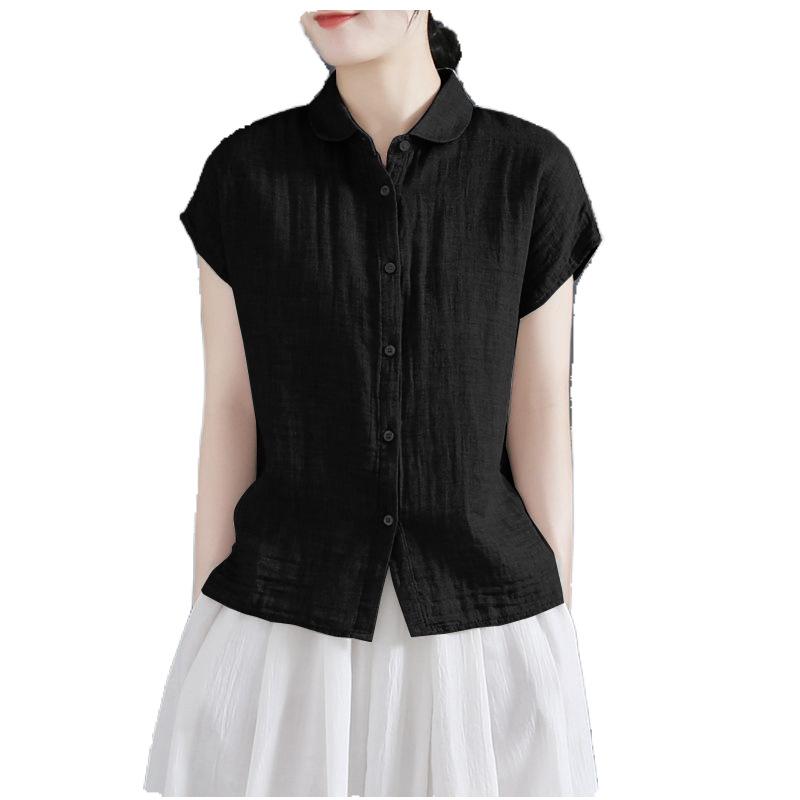 Летняя рубашка с короткими рукавами из хлопка и льна с воротником-поло для женщин, свободная рубашка с небольшими рукавами-крылышками, льняной топ большого размера