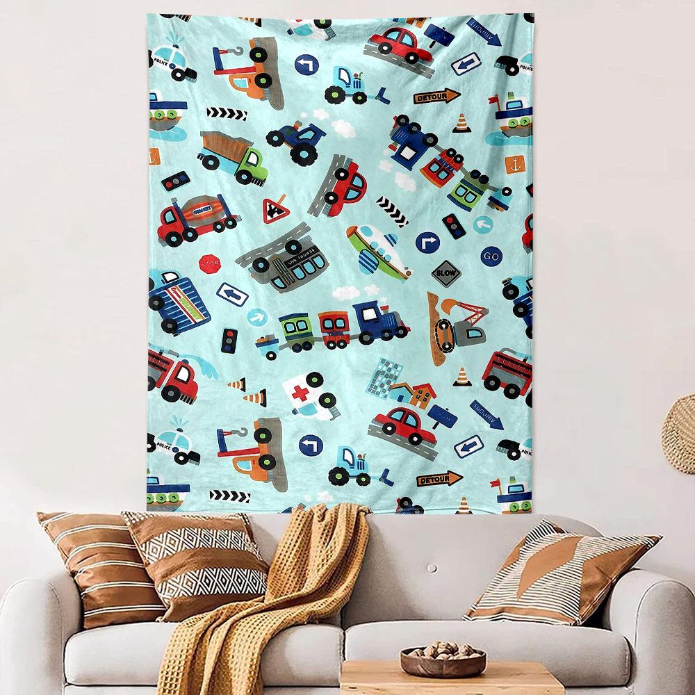 Cartoon Vehicle Pattern on Light Blue Patterned tapestry home decor, suitable for bedroom and living room, gift