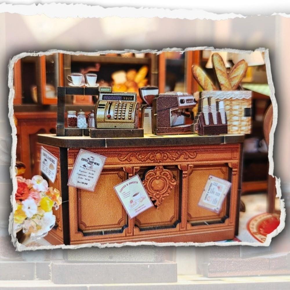 Cafe Wooden Miniature House LED Light 3D Puzzle Building Model Craft Mini Dollhouse Kit Gift