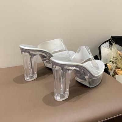 Летняя мода новый тренд прозрачная хрустальная подошва водонепроницаемый стол толстый каблук острый носок супер высокий каблук женская повседневная мода