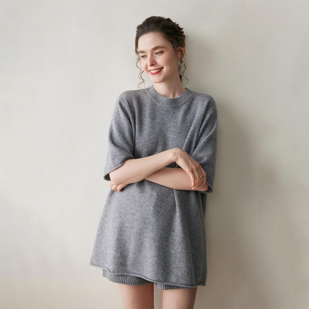 Loose-Fit Cashmere Sweater: Mid-Length, Short-Sleeve, Round Neck, Slim Fit, Autumn/Winter Knitwear