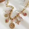 Adjustable Handmade Pendant Necklace Pink Enamel Boho Jewelry Elegant Multi Charms Necklace  Women