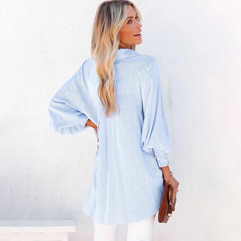 Новые женские весенние и осенние топы, полосатые рубашки с воротником-стойкой, свободные женские рубашки с длинными рукавами и пузырьками