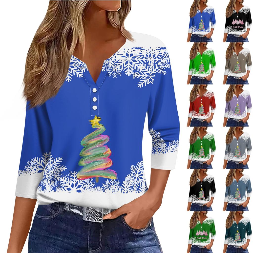 Жен. Футболка Футболка С принтом Пуговицы Рукав 3/4 Повседневные Выходные Мода Классический Классический V-образный вырез Обычный Верх