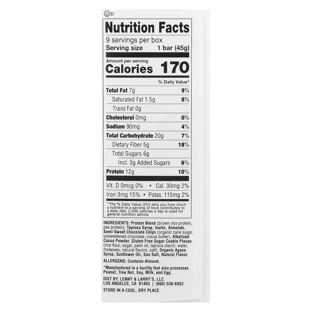 Lenny & Larry's, Complete Cookie-Fied Bar, Chocolate Almond Sea Salt, 9 bars, 1.59 oz (45 g) each